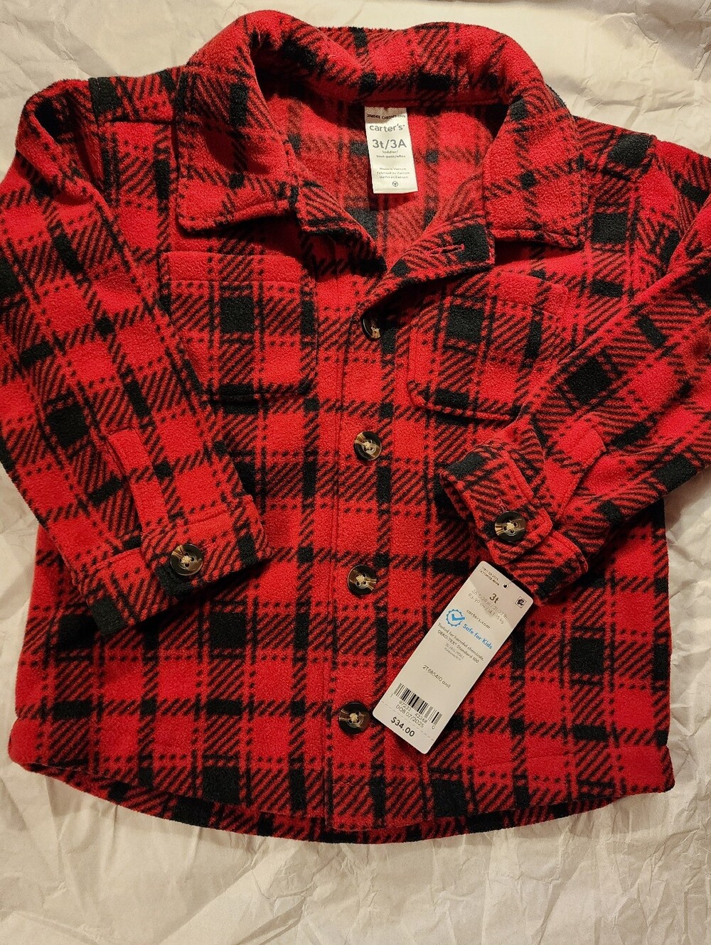 CARTER'S LITTLE BOYS PLAID RED AND BLACK BUTTON DOWN 3T NWT